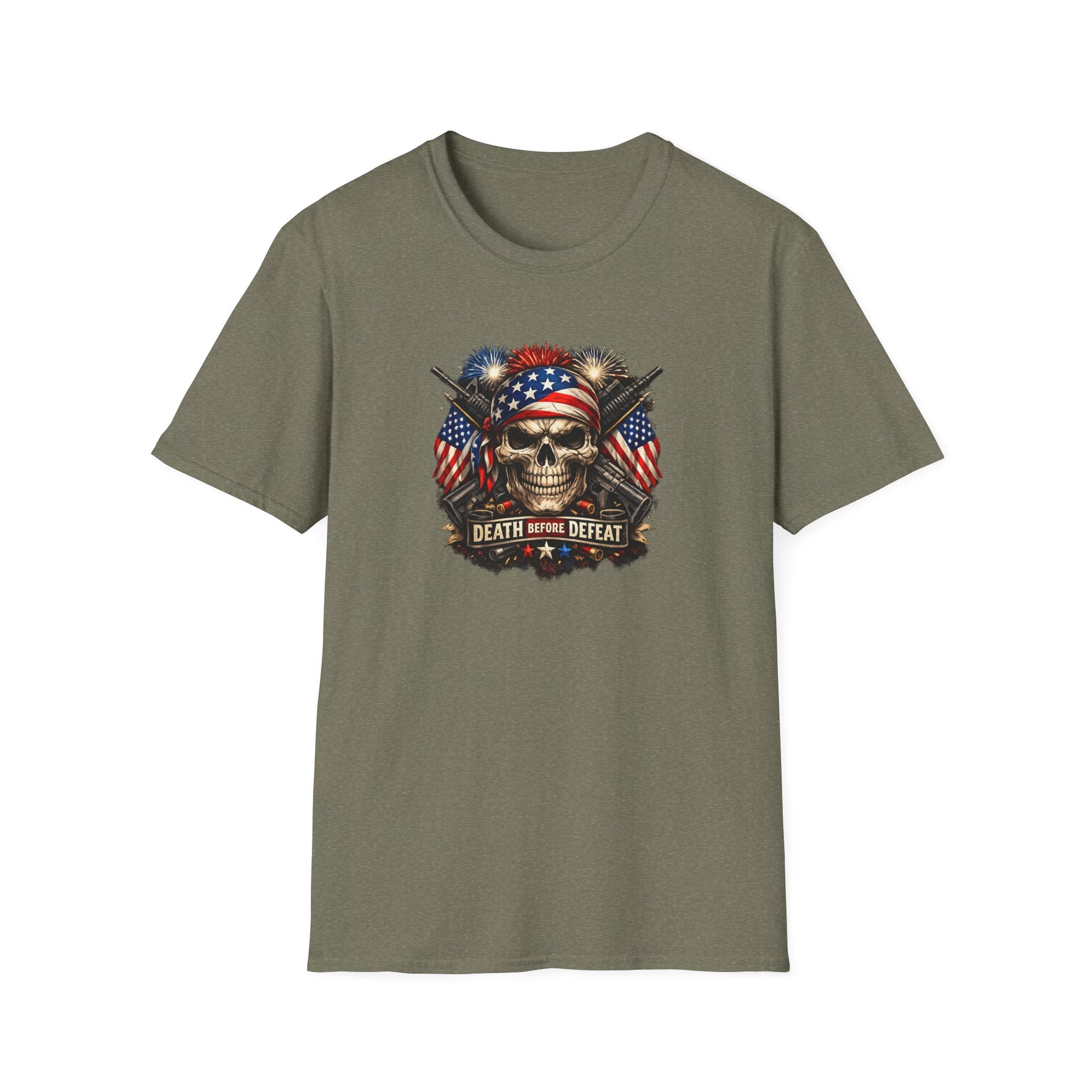 Patriotic Skull Tee "Death Before Defeat" - American Flag Military Graphic T-Shirt