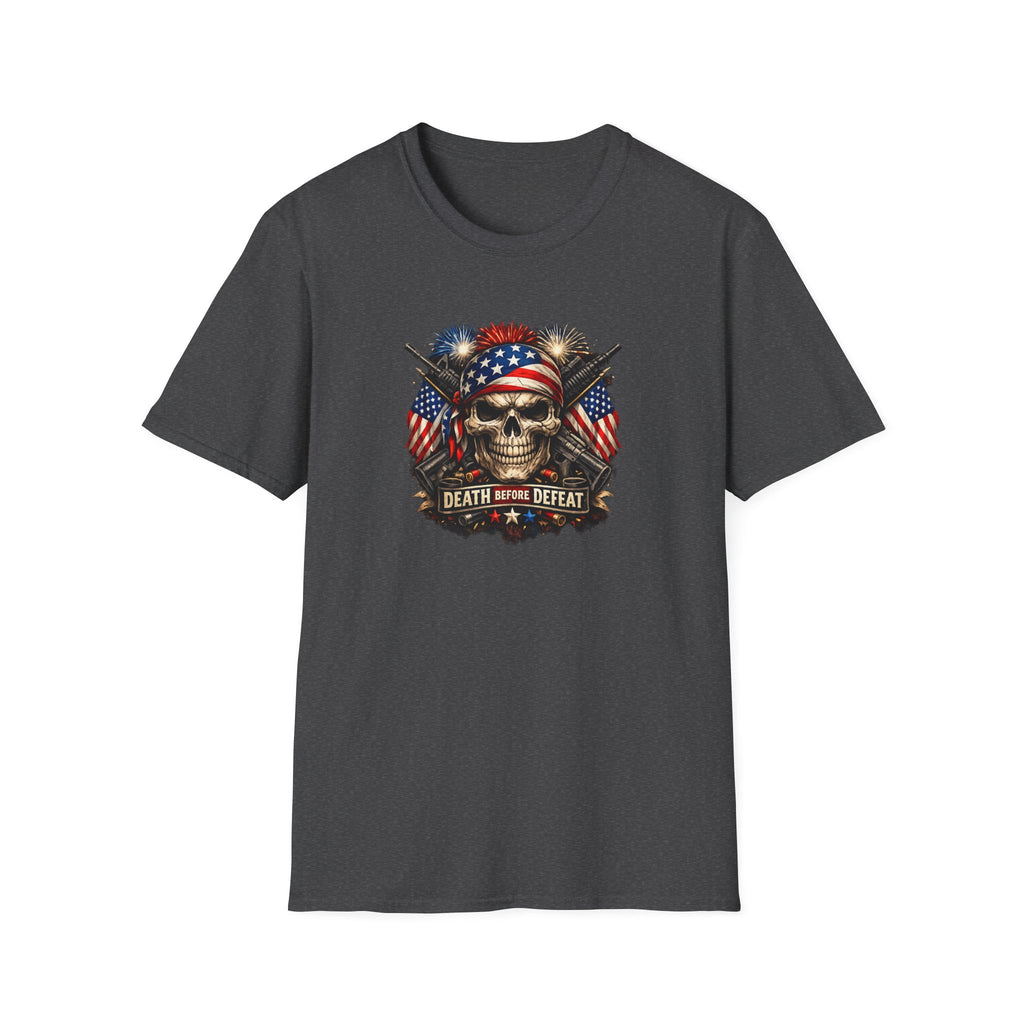 Patriotic Skull Tee "Death Before Defeat" - American Flag Military Graphic T-Shirt