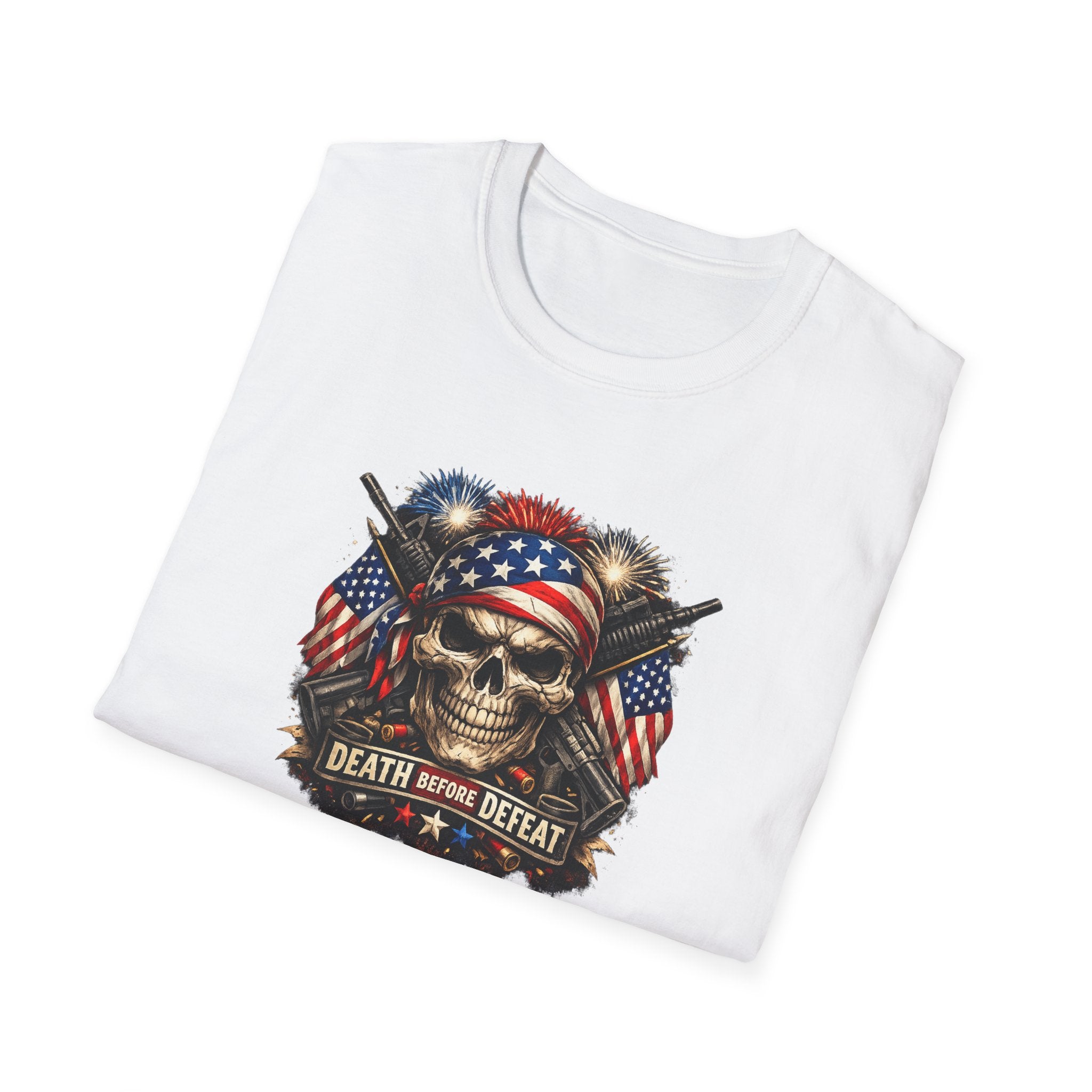 Patriotic Skull Tee "Death Before Defeat" - American Flag Military Graphic T-Shirt