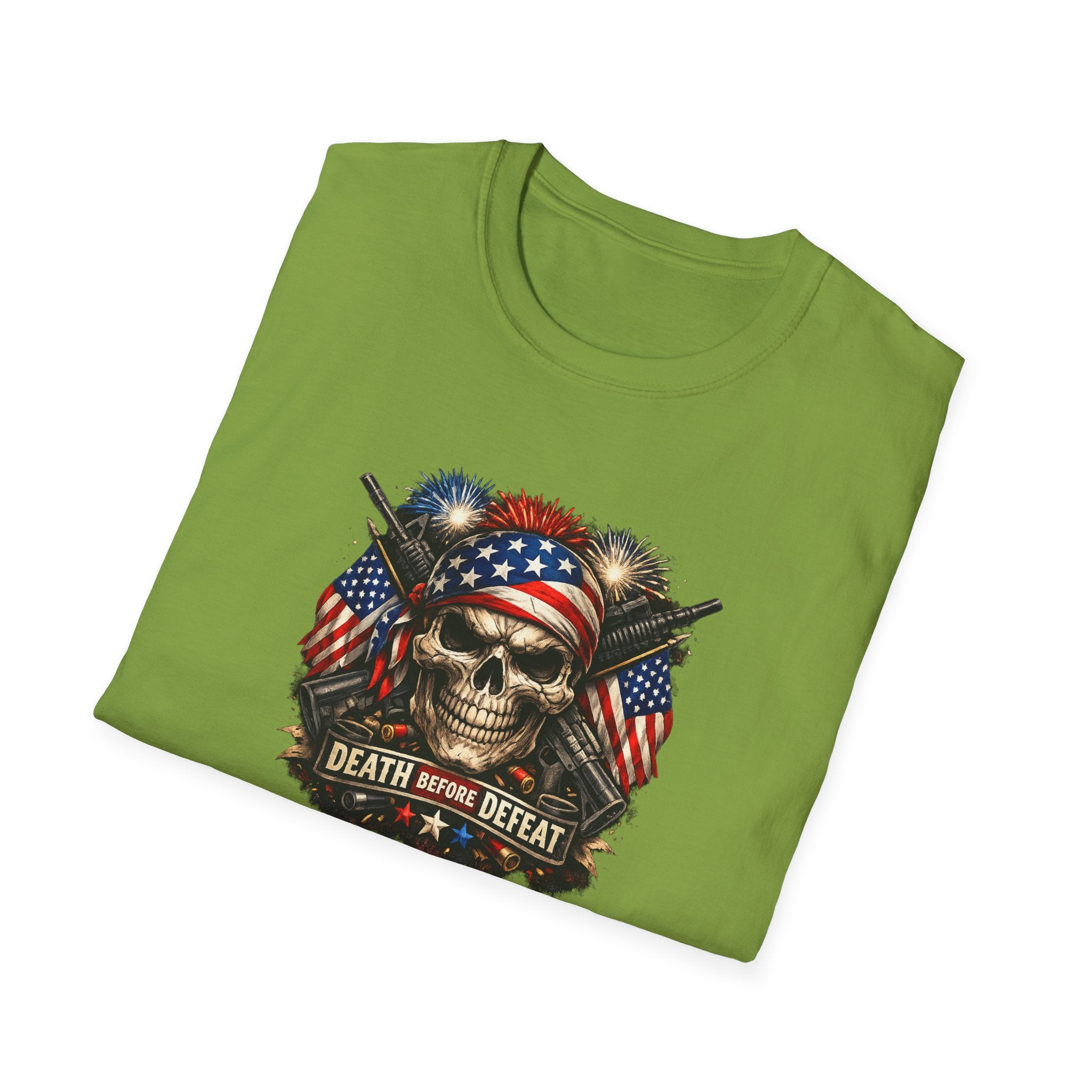 Patriotic Skull Tee "Death Before Defeat" - American Flag Military Graphic T-Shirt