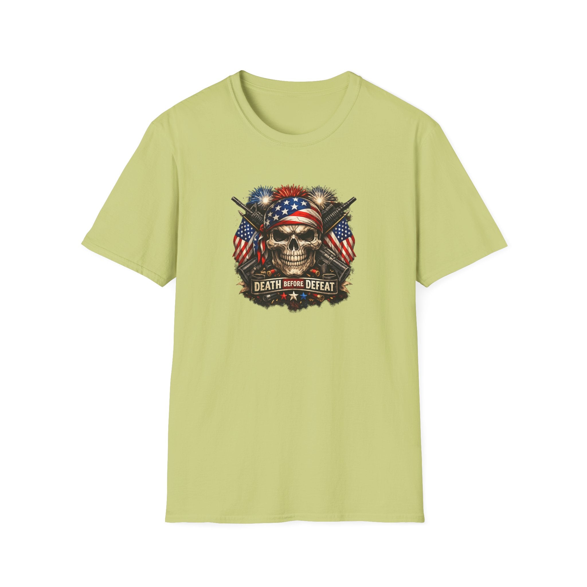 Patriotic Skull Tee "Death Before Defeat" - American Flag Military Graphic T-Shirt