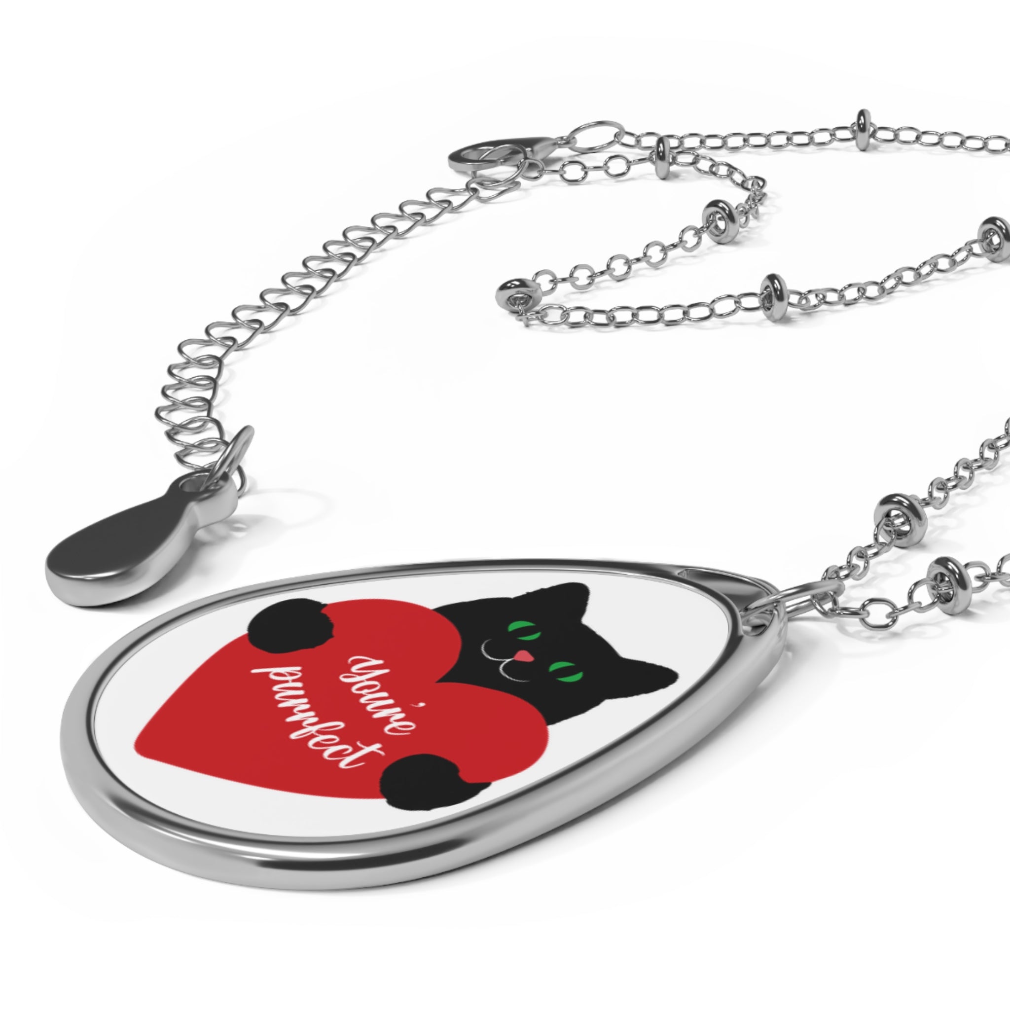 Oval Necklace — "You're Purrfect" Black Cat Heart Pendant Necklace