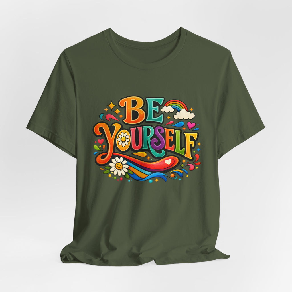 Be Yourself Retro Graphic Tee – Positive Rainbow Floral T‑Shirt