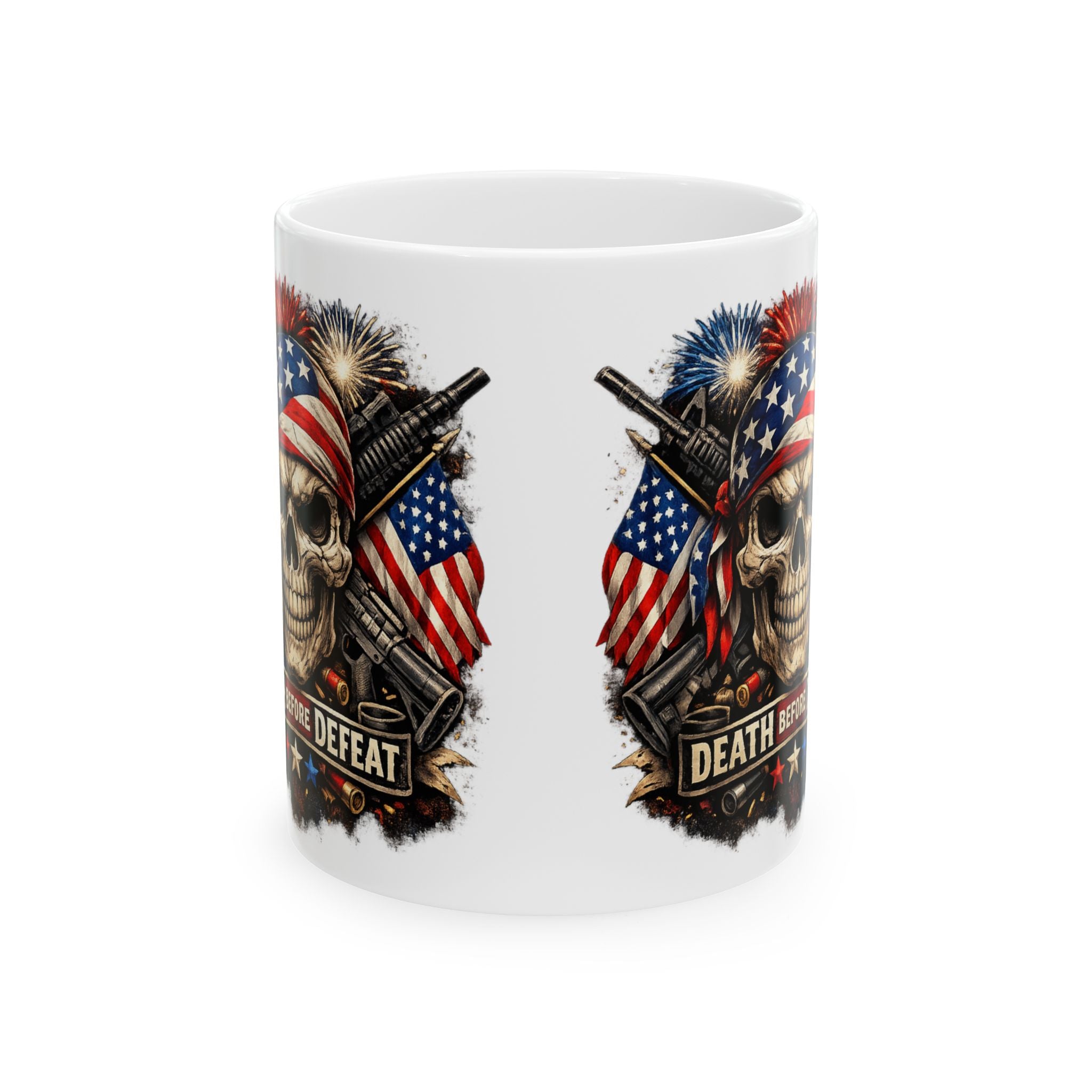 Patriotic Skull & Guns Ceramic Mug — "Death Before Defeat" 11oz/15oz