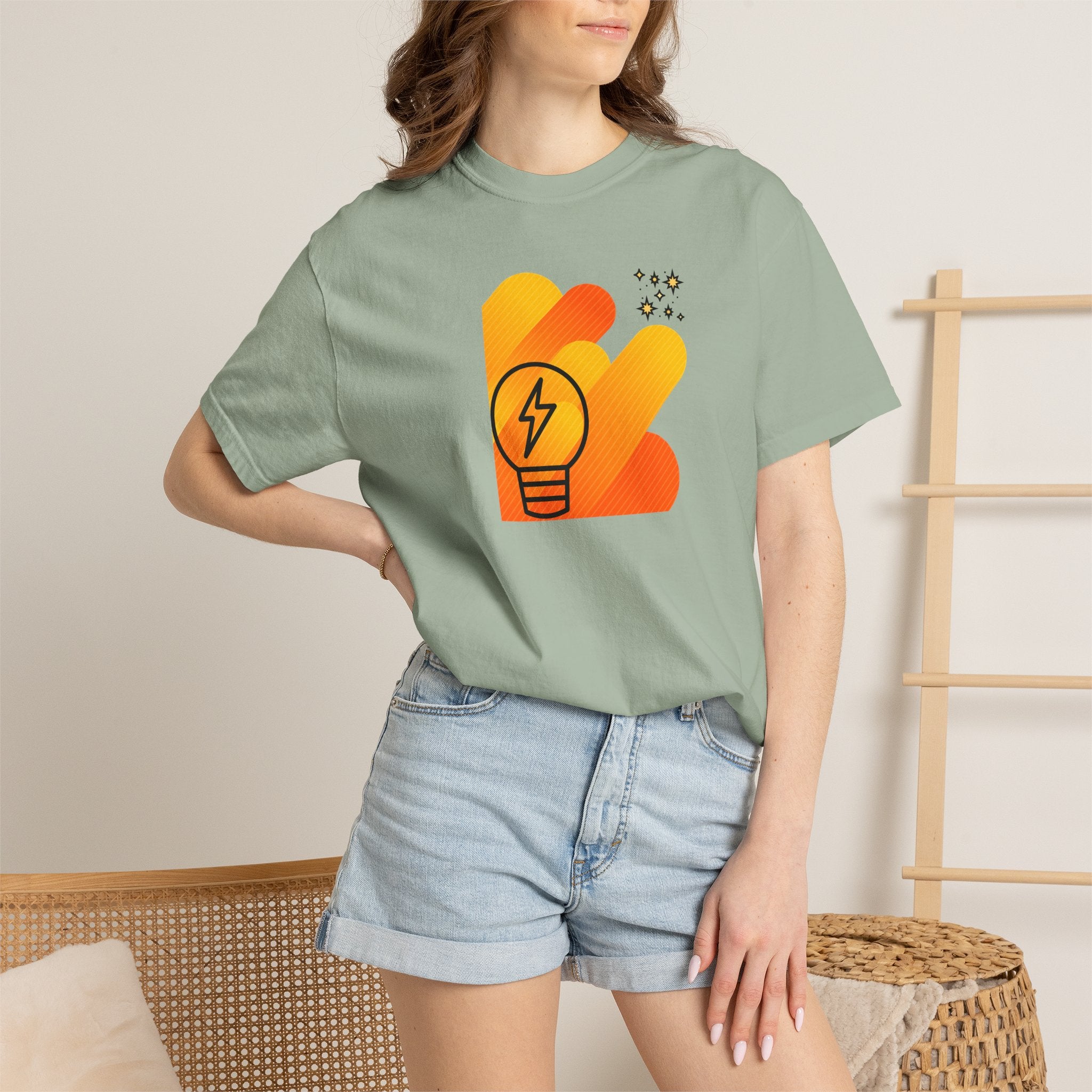 Idea Spark T-Shirt — Retro Orange Lightbulb Graphic Tee