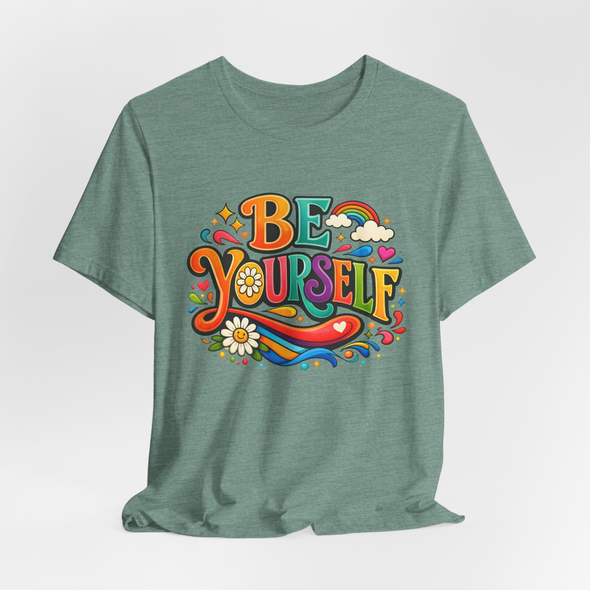 Be Yourself Retro Graphic Tee – Positive Rainbow Floral T‑Shirt