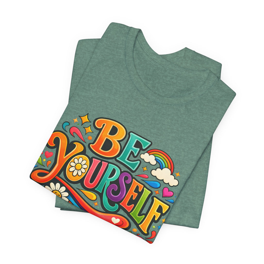 Be Yourself Retro Graphic Tee – Positive Rainbow Floral T‑Shirt