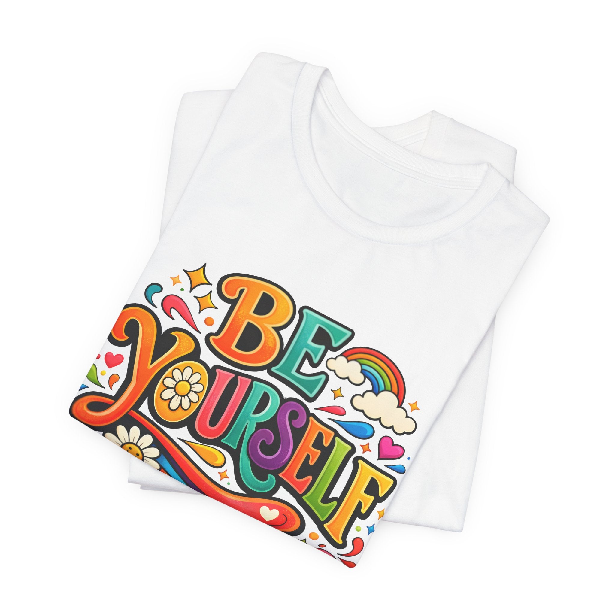 Be Yourself Retro Graphic Tee – Positive Rainbow Floral T‑Shirt