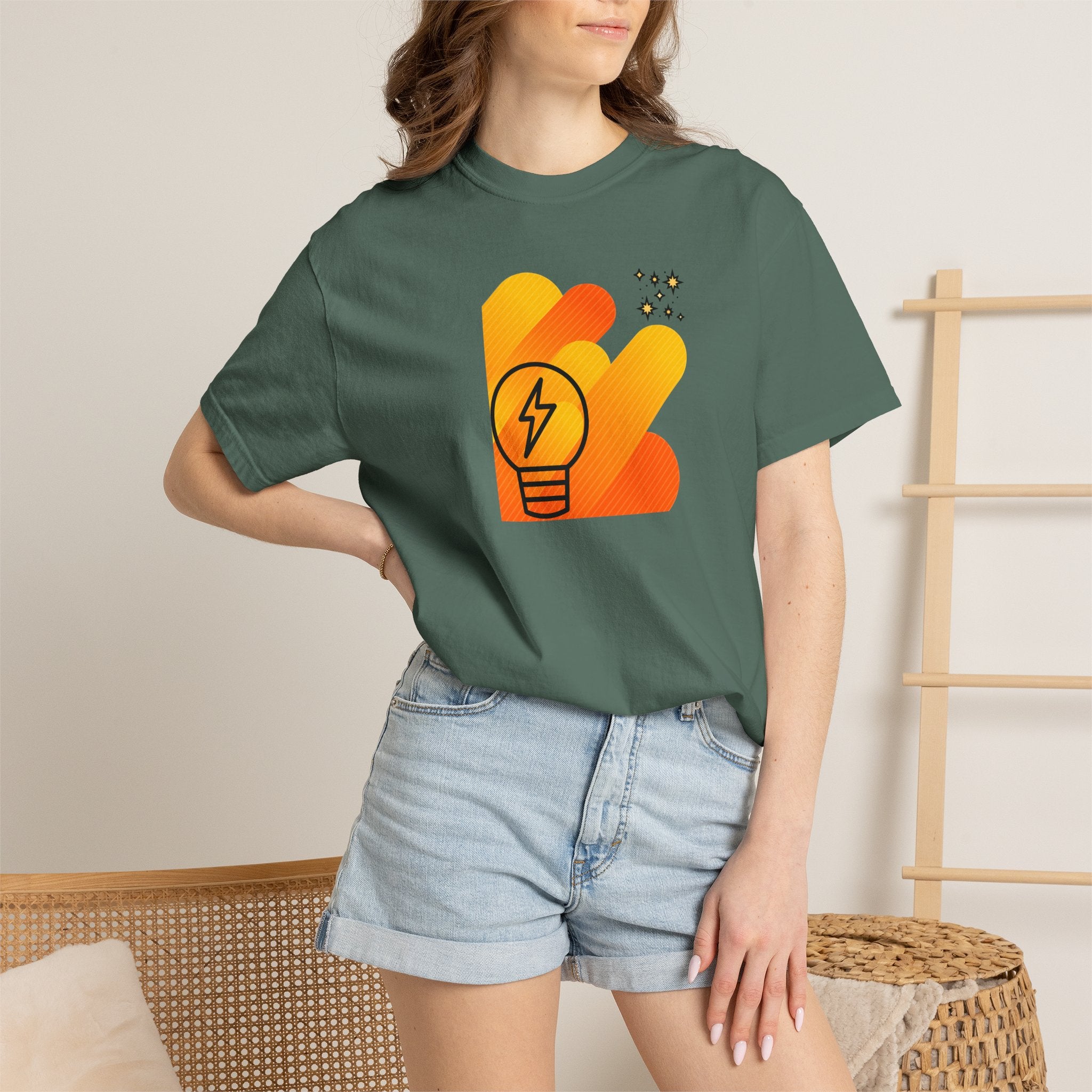Idea Spark T-Shirt — Retro Orange Lightbulb Graphic Tee