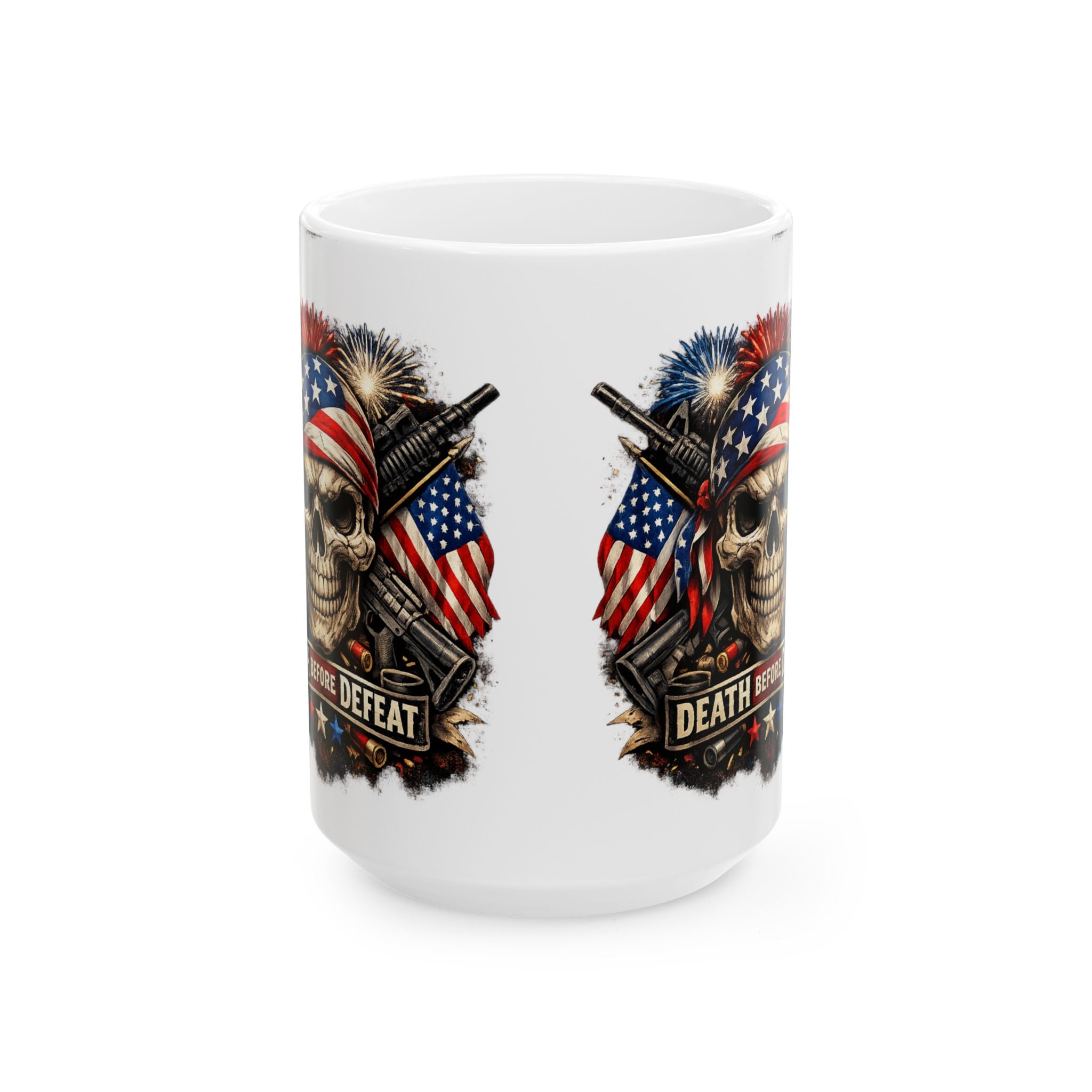 Patriotic Skull & Guns Ceramic Mug — "Death Before Defeat" 11oz/15oz