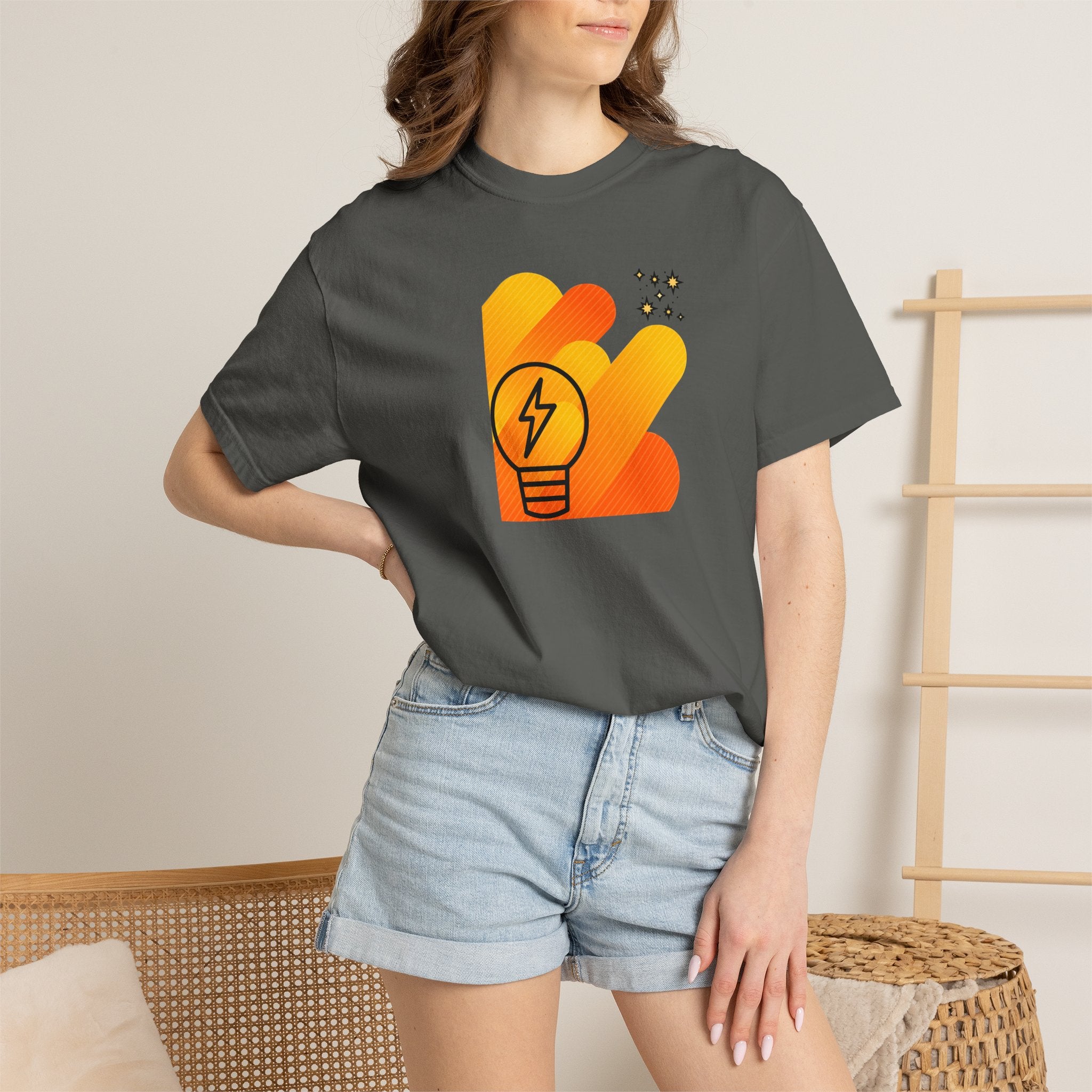 Idea Spark T-Shirt — Retro Orange Lightbulb Graphic Tee