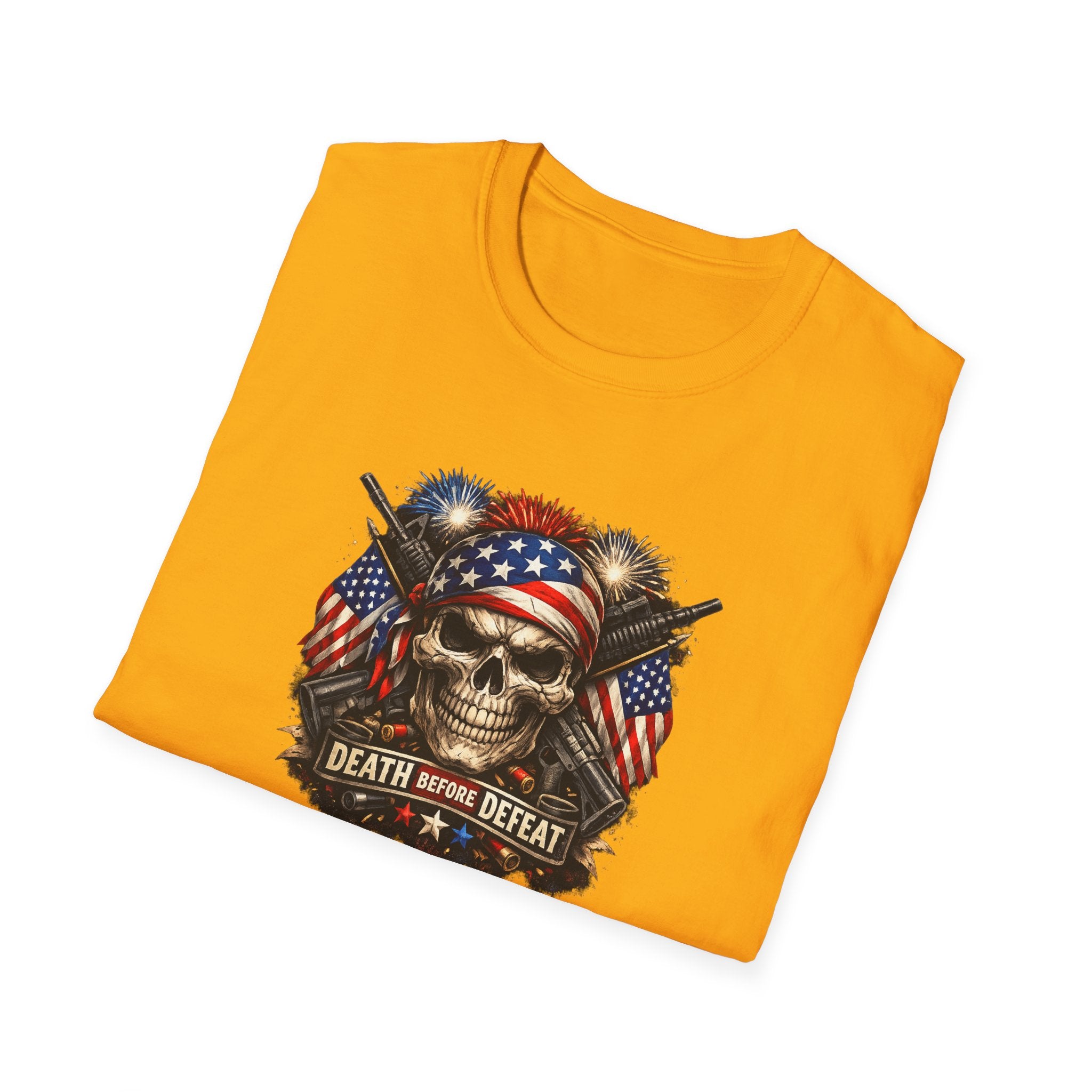 Patriotic Skull Tee "Death Before Defeat" - American Flag Military Graphic T-Shirt