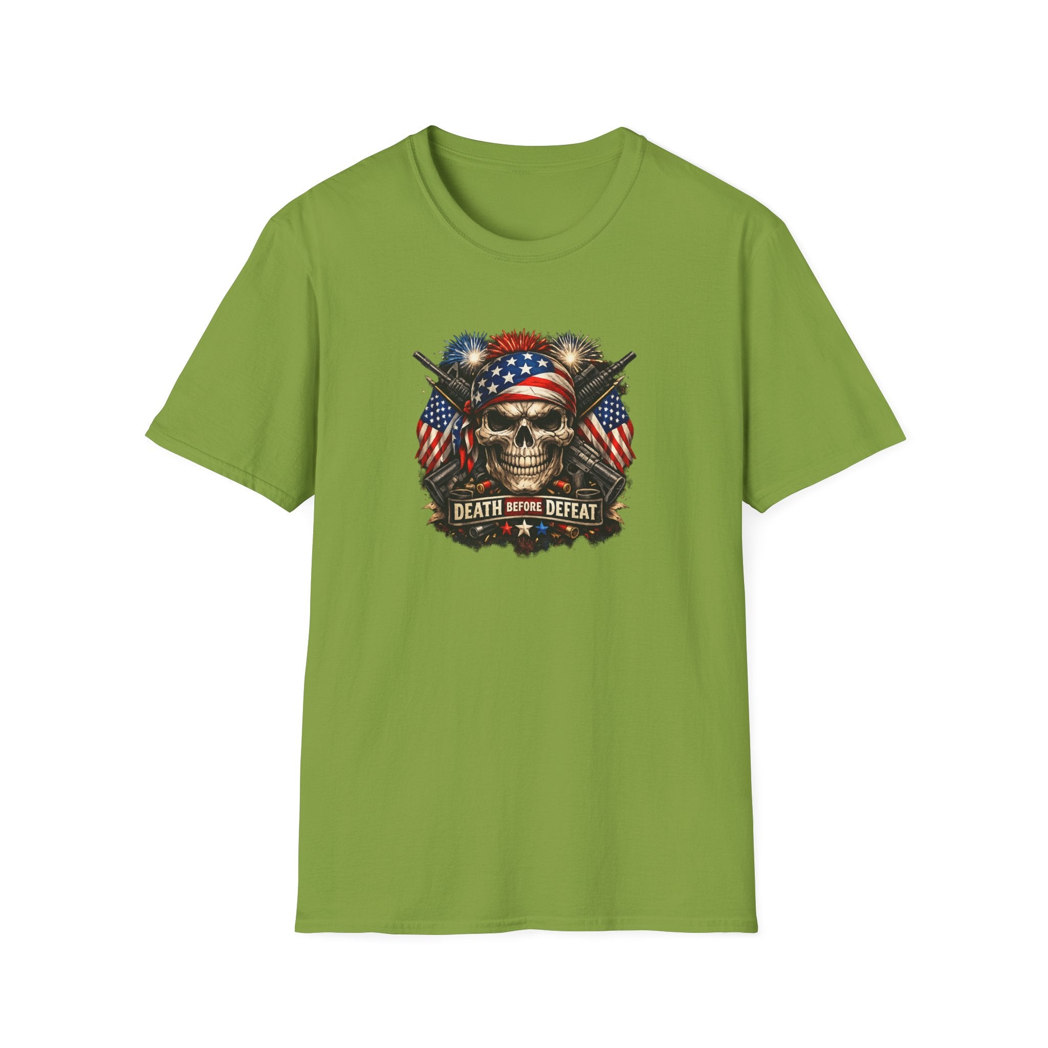 Patriotic Skull Tee "Death Before Defeat" - American Flag Military Graphic T-Shirt