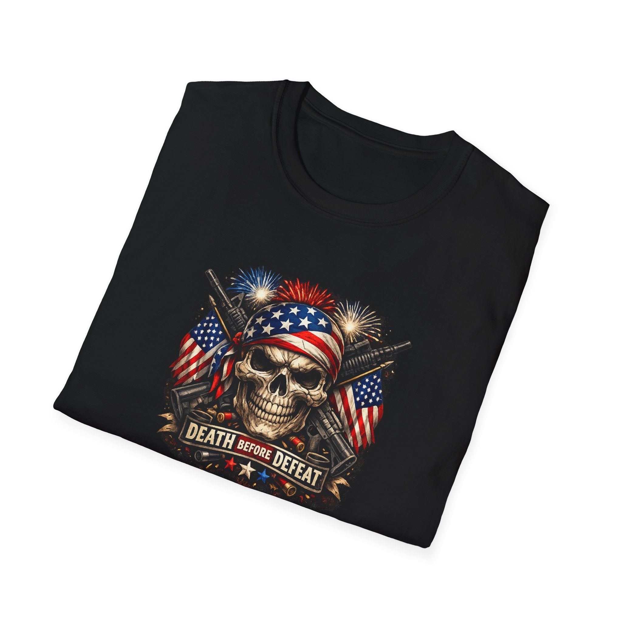 Patriotic Skull Tee "Death Before Defeat" - American Flag Military Graphic T-Shirt