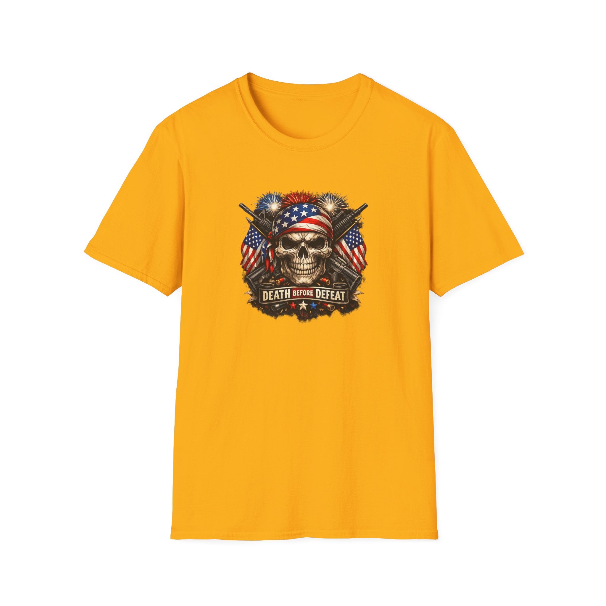 Patriotic Skull Tee "Death Before Defeat" - American Flag Military Graphic T-Shirt