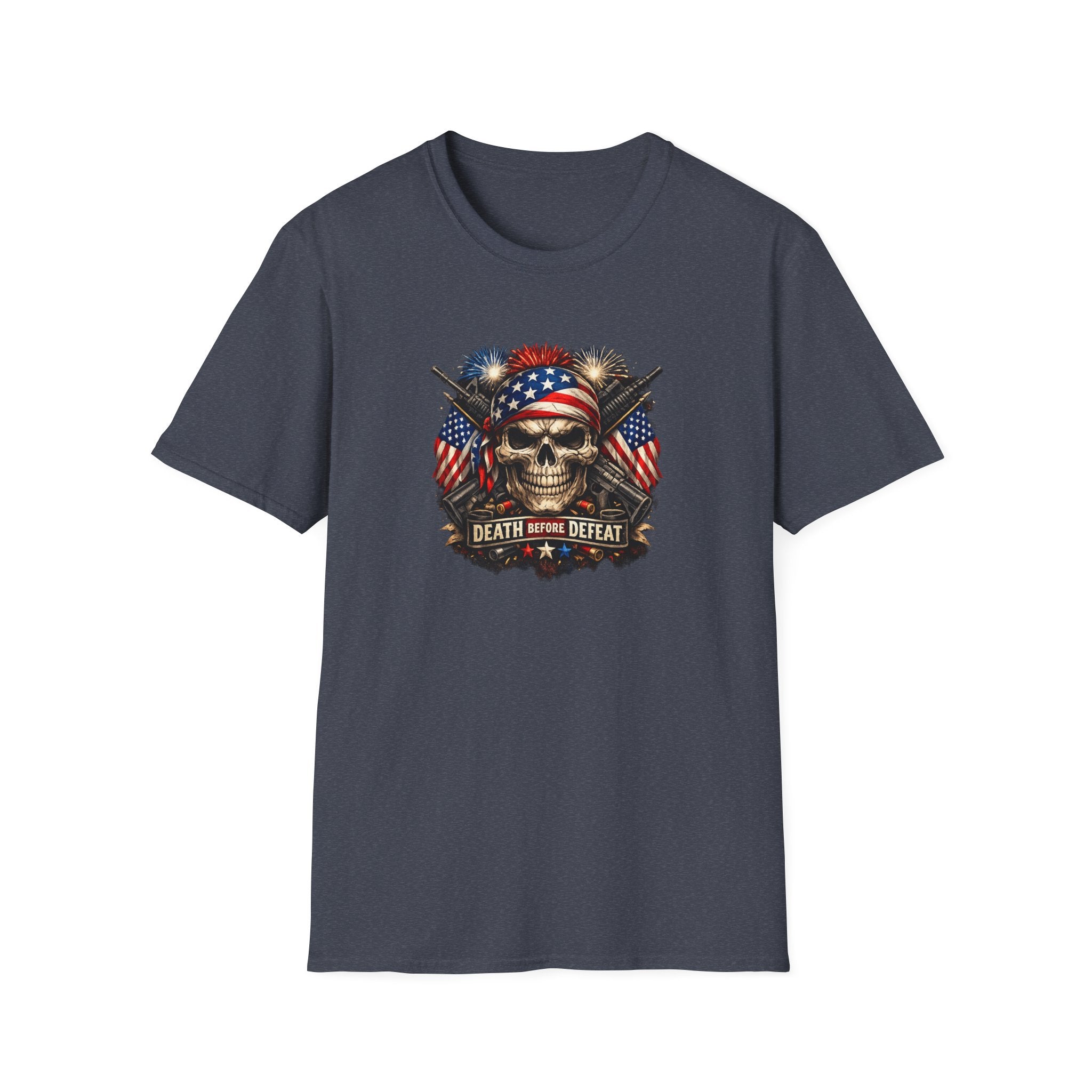 Patriotic Skull Tee "Death Before Defeat" - American Flag Military Graphic T-Shirt