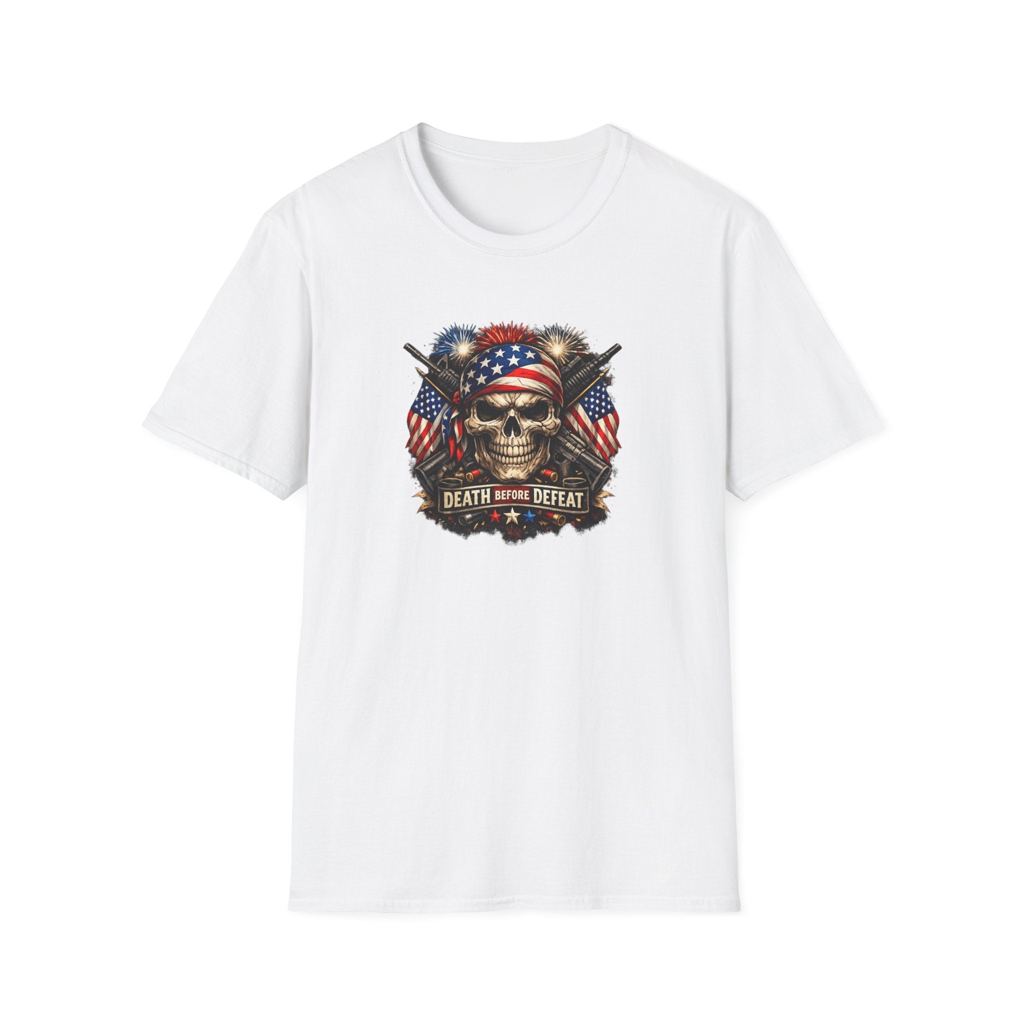 Patriotic Skull Tee "Death Before Defeat" - American Flag Military Graphic T-Shirt