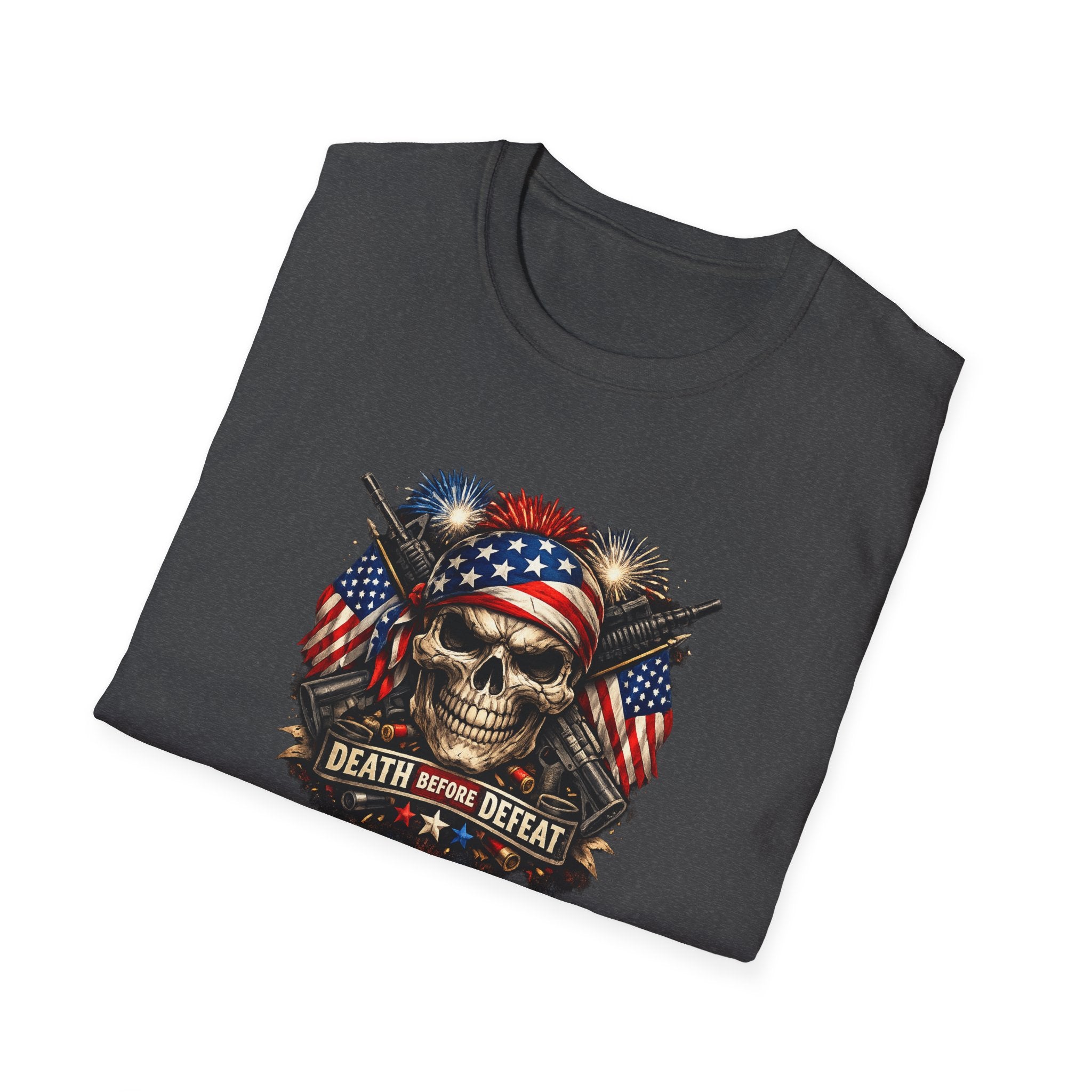 Patriotic Skull Tee "Death Before Defeat" - American Flag Military Graphic T-Shirt