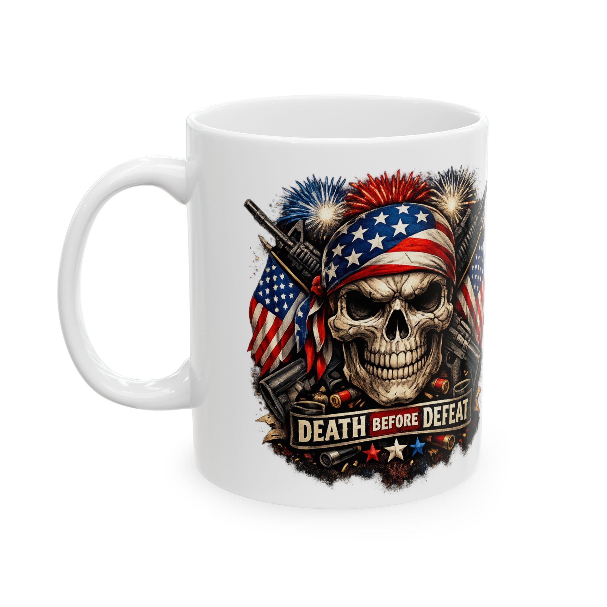 Patriotic Skull & Guns Ceramic Mug — "Death Before Defeat" 11oz/15oz